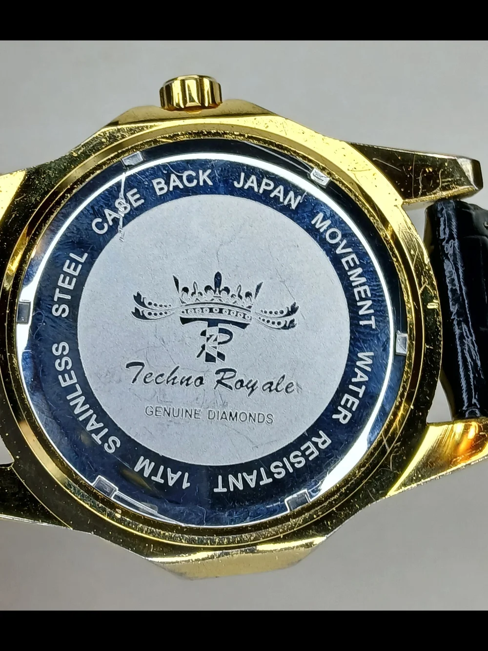 Techno Royale Mens Watch Gold Tone Case Genuine Diamond Bezel Black Leather...